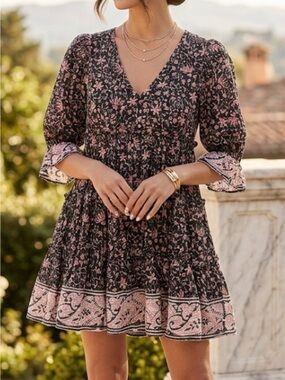 Cleobella Organic Cotton Floral Metallic Tiered Mini Dress Black Pink Small NEW